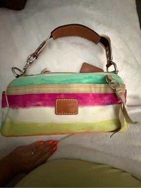 Coach Striped Canvas Shoulder Bag in Teal, Pink & Lime